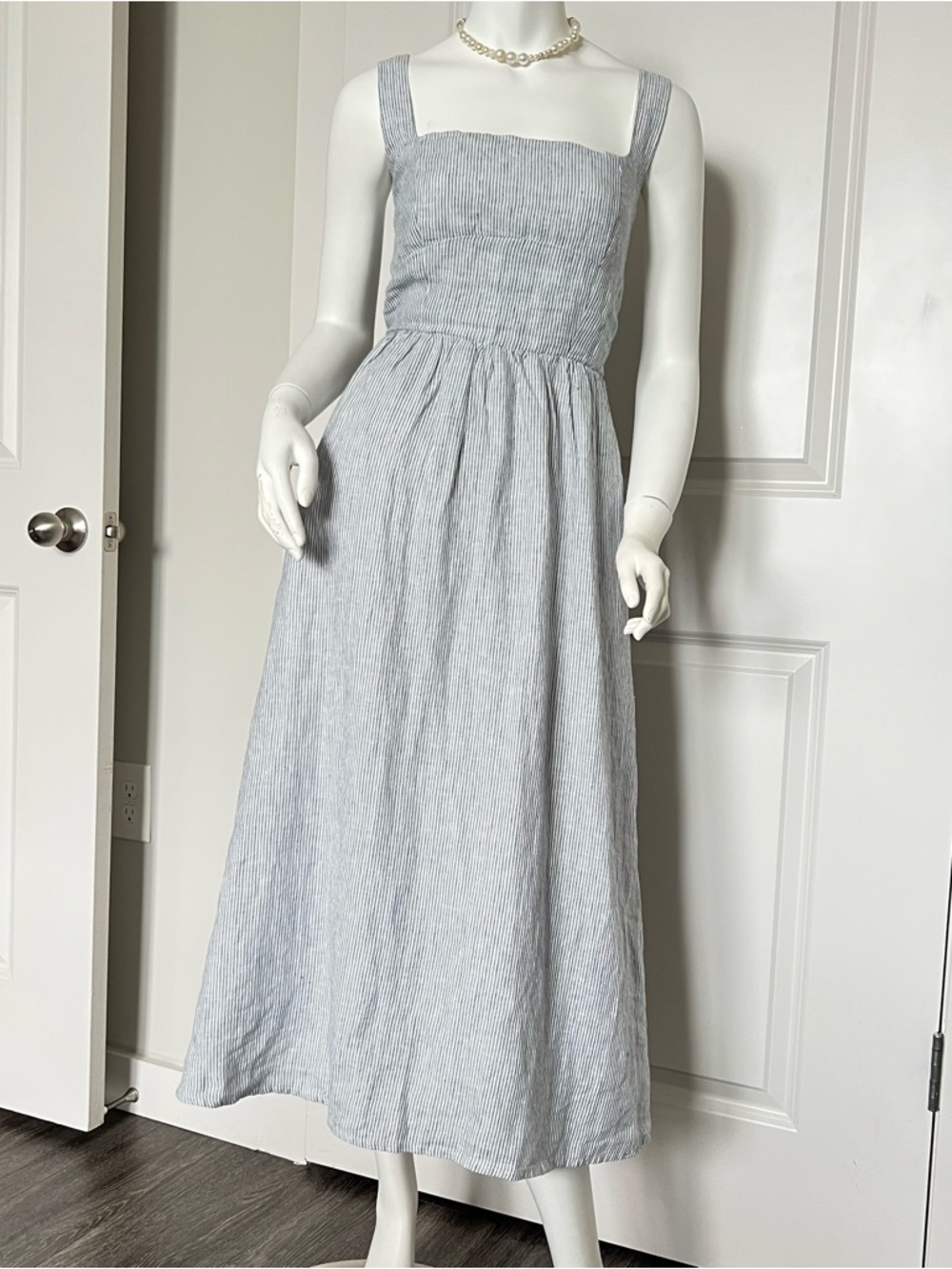 Quince 100% European Linen Fit & Flare Midi Dress Blue Pinstripe Size M